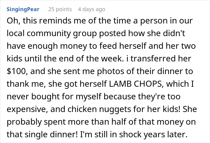 Screenshot of a community post about a good deed leading to unexpected spending on lamb chops. Screenshot of a community post about a good deed leading to unexpected spending on lamb chops.