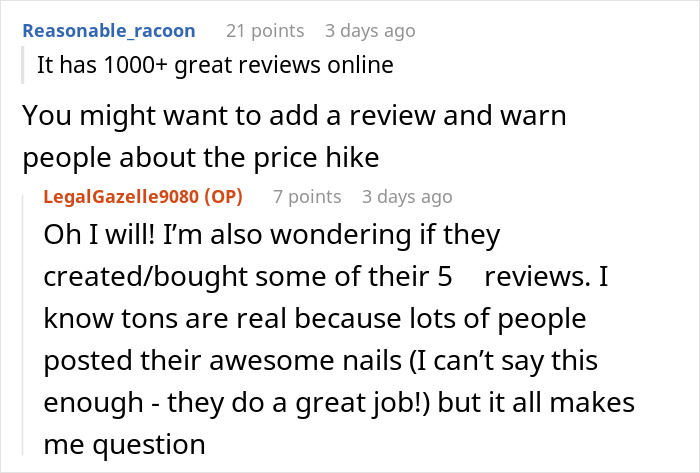 Woman discusses nail salon prices with a customer, questioning the authenticity of reviews. Woman discusses nail salon prices with a customer, questioning the authenticity of reviews.