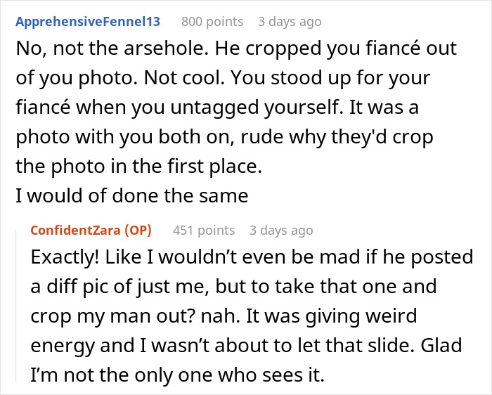Woman untagged from friend's post after fiancé cropped from engagement picture, text exchange about the incident. Woman untagged from friend's post after fiancé cropped from engagement picture, text exchange about the incident.