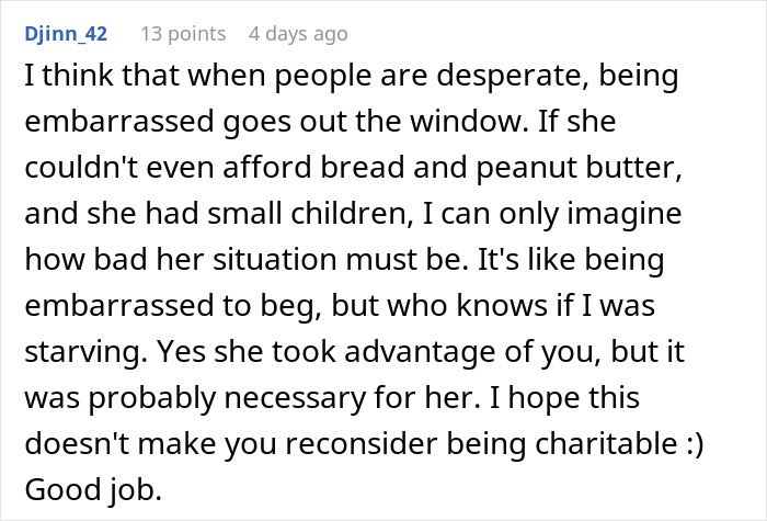Comment discusses good deeds and charity, focusing on empathy for those in need. Comment discusses good deeds and charity, focusing on empathy for those in need.