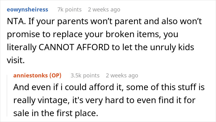 Reddit comments about a guy banning siblings after they destroy his stuff, mentioning vintage items. Reddit comments about a guy banning siblings after they destroy his stuff, mentioning vintage items.