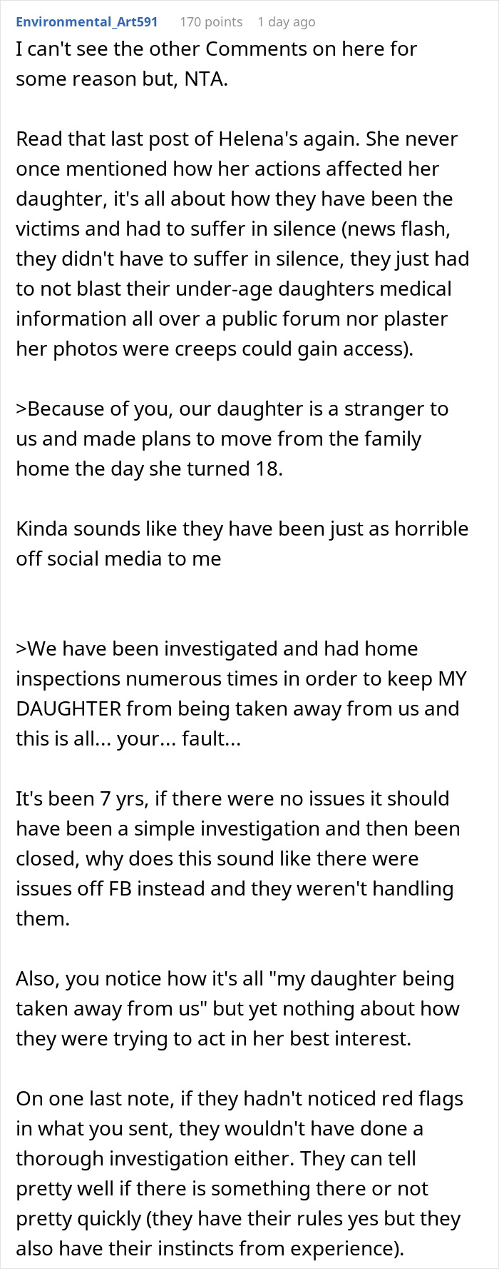 Reddit comment discussing parents sharing daughter’s eating disorder online, implications of CPS involvement. Reddit comment discussing parents sharing daughter’s eating disorder online, implications of CPS involvement.