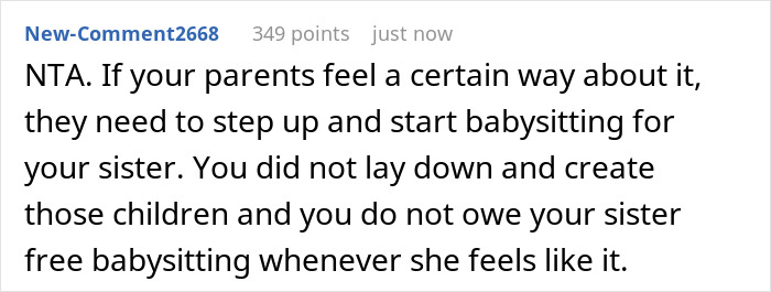 Comment explaining that parents should babysit sister’s kids at dinner instead of expecting free babysitting from a working sibling. Comment explaining that parents should babysit sister’s kids at dinner instead of expecting free babysitting from a working sibling.