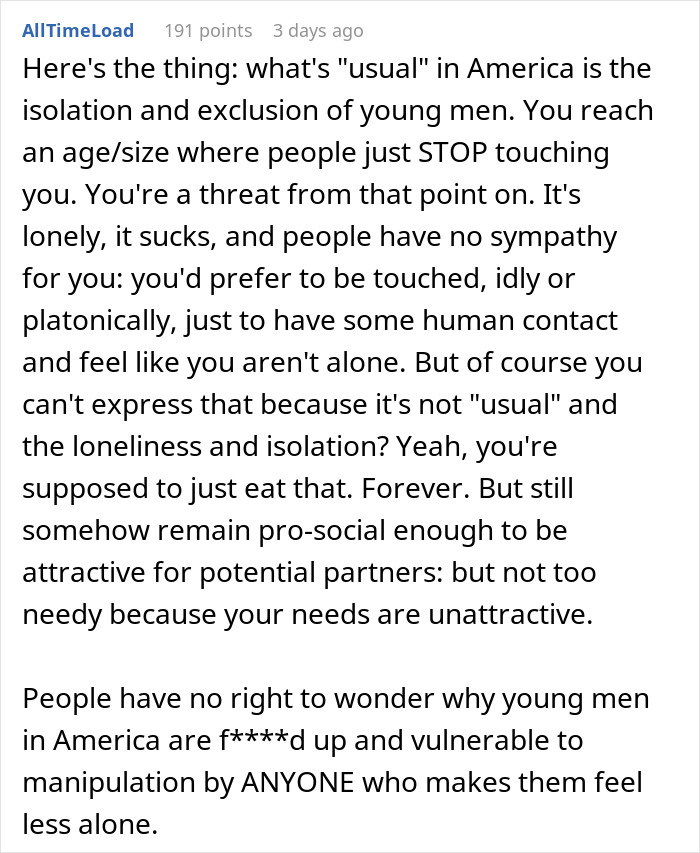 Text discussing American societal norms affecting young men's desire for affection and feelings of isolation. Text discussing American societal norms affecting young men's desire for affection and feelings of isolation.