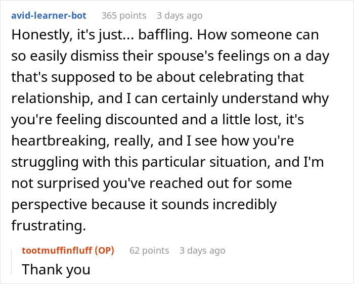 Comment discussing a relationship issue about a man prioritizing a "date" with his mom over his wife on an anniversary. Comment discussing a relationship issue about a man prioritizing a "date" with his mom over his wife on an anniversary.