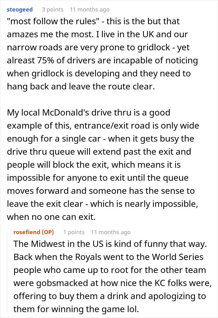 Online discussion about drivers' gridlock behavior, McDonald's drive-thru, and Midwest sports culture. Online discussion about drivers' gridlock behavior, McDonald's drive-thru, and Midwest sports culture.