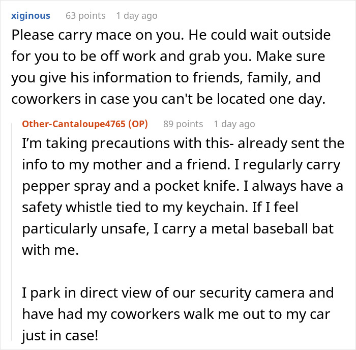 Comments discussing a woman's precautions amid a client's delusional behavior, involving self-defense strategies. Comments discussing a woman's precautions amid a client's delusional behavior, involving self-defense strategies.