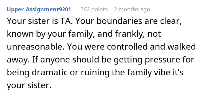 Text comment discussing family boundaries and sister's behavior. Text comment discussing family boundaries and sister's behavior.