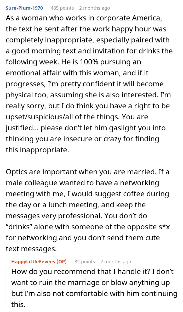 Commenter warns about late-night drinks with coworker hinting at emotional affair after wife discovers the truth. Commenter warns about late-night drinks with coworker hinting at emotional affair after wife discovers the truth.