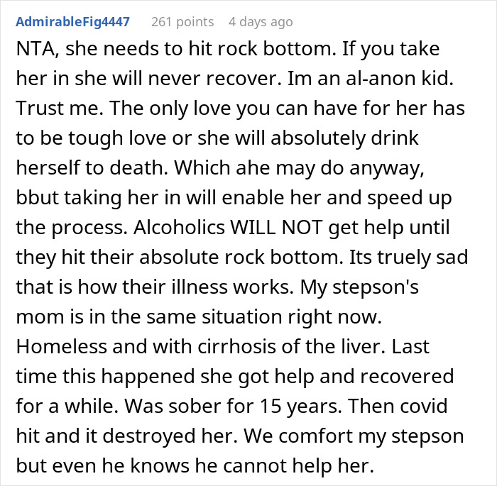 Comment discussing tough love for alcoholics, suggesting hitting rock bottom is necessary for recovery. Comment discussing tough love for alcoholics, suggesting hitting rock bottom is necessary for recovery.