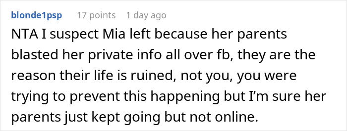 User comment discussing parents exposing daughter’s eating disorder online. User comment discussing parents exposing daughter’s eating disorder online.