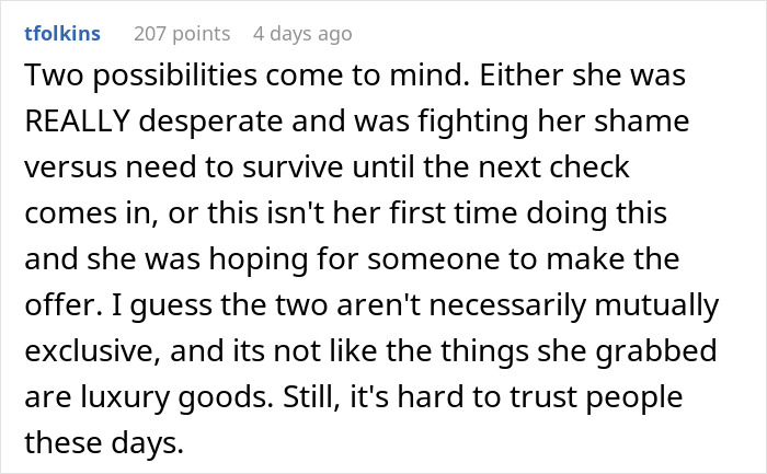 Comment discussing desperation and trust, related to an accidental charity event topic. Comment discussing desperation and trust, related to an accidental charity event topic.