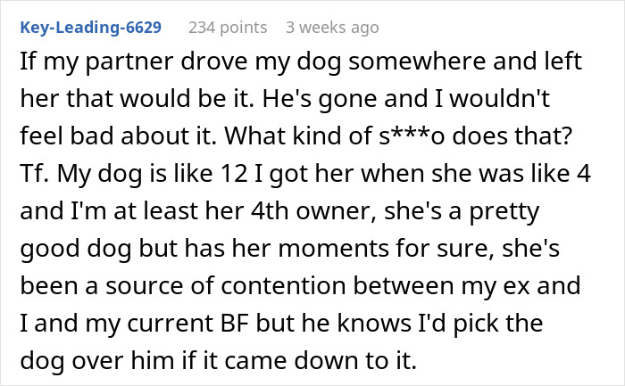 Text from a user about choosing their dog over a partner due to a dispute. Text from a user about choosing their dog over a partner due to a dispute.