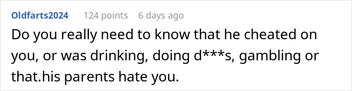 Comment discussing reasons for a breakup, mentioning cheating, drinking, d***s, gambling, and disapproval from parents. Comment discussing reasons for a breakup, mentioning cheating, drinking, d***s, gambling, and disapproval from parents.