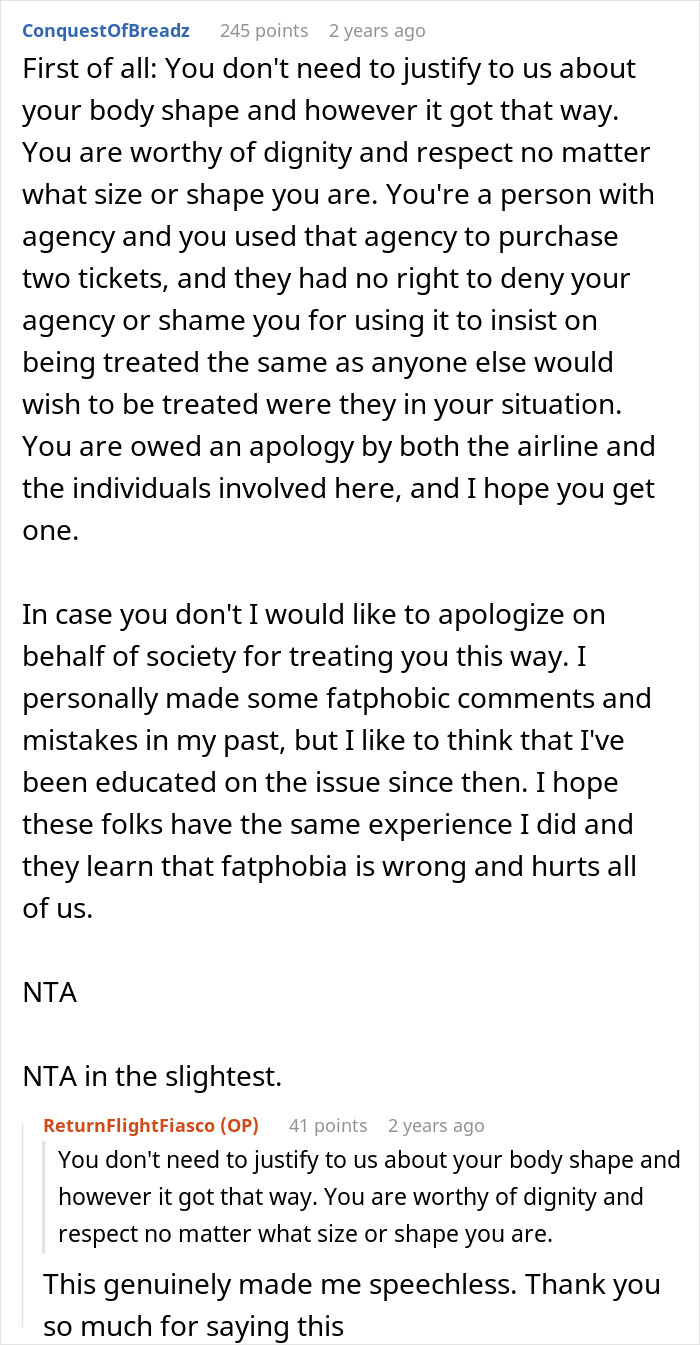 Reddit comments supporting a woman berated for booking two plane seats due to body shape. Reddit comments supporting a woman berated for booking two plane seats due to body shape.
