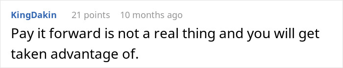 Comment text discussing skepticism about pay it forward, related to a man asking a stranger to pay for groceries and loading his cart.