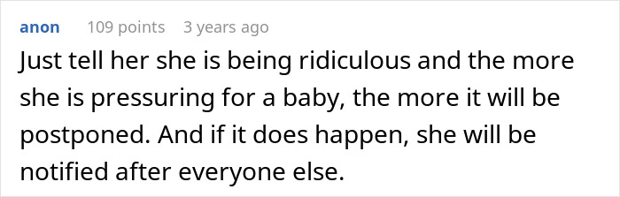 Comment advising how to respond to MIL's baby pressure and plan. Comment advising how to respond to MIL's baby pressure and plan.