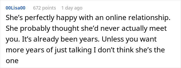 Comment discussing long-distance relationship challenges and expectations. Comment discussing long-distance relationship challenges and expectations.