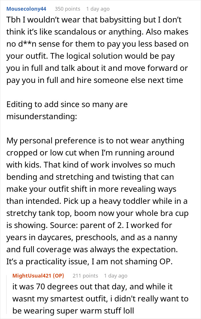Reddit thread discussing a teen's tank top issues while babysitting for a religious couple.