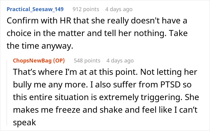 Reddit comments discussing a canceled doctor’s appointment by a boss without consent, mentioning PTSD and HR involvement. Reddit comments discussing a canceled doctor’s appointment by a boss without consent, mentioning PTSD and HR involvement.