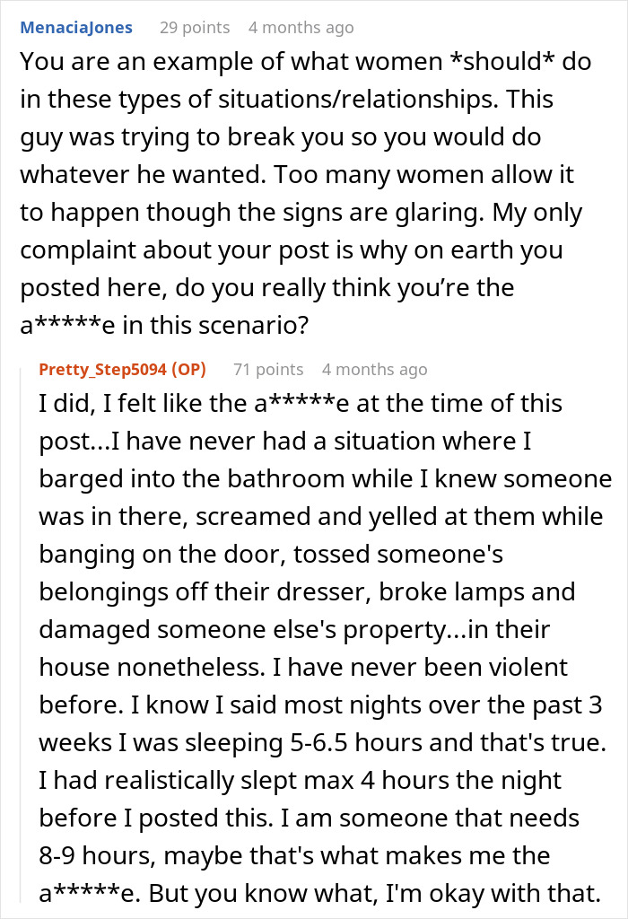 Reddit conversation showing a woman describing sleep deprivation by boyfriend for three weeks causing emotional breakdown.