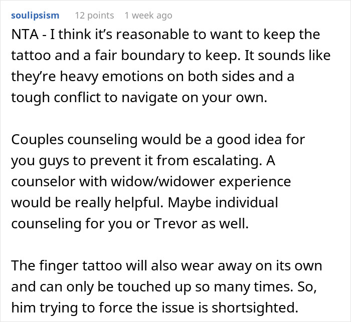 Discussion on a forum about keeping a late husband's tattoo, suggesting counseling for managing relationship emotions. Discussion on a forum about keeping a late husband's tattoo, suggesting counseling for managing relationship emotions.