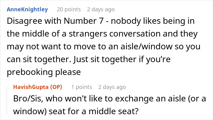 Reddit comments discussing flight seating preferences, mentioning middle seats and aisle/window preferences. Reddit comments discussing flight seating preferences, mentioning middle seats and aisle/window preferences.