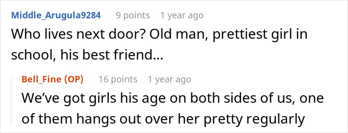 Screenshot of an online discussion about a dad catching teen son creeping around neighbor's yard at night. Screenshot of an online discussion about a dad catching teen son creeping around neighbor's yard at night.