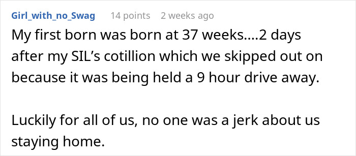 Mom-to-be explains why they skipped sister's wedding due to proximity to due date. Mom-to-be explains why they skipped sister's wedding due to proximity to due date.