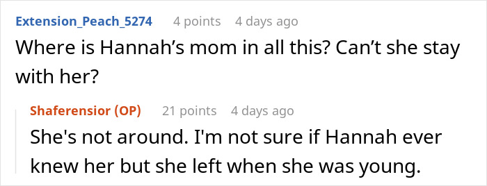 Reddit comments discussing a pregnant stepdaughter's situation and absence of her mom. Reddit comments discussing a pregnant stepdaughter's situation and absence of her mom.