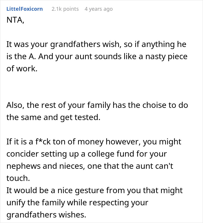 Reddit comment discussing a grandfather's will and familial conflicts involving an ex-wife's affairs. Reddit comment discussing a grandfather's will and familial conflicts involving an ex-wife's affairs.