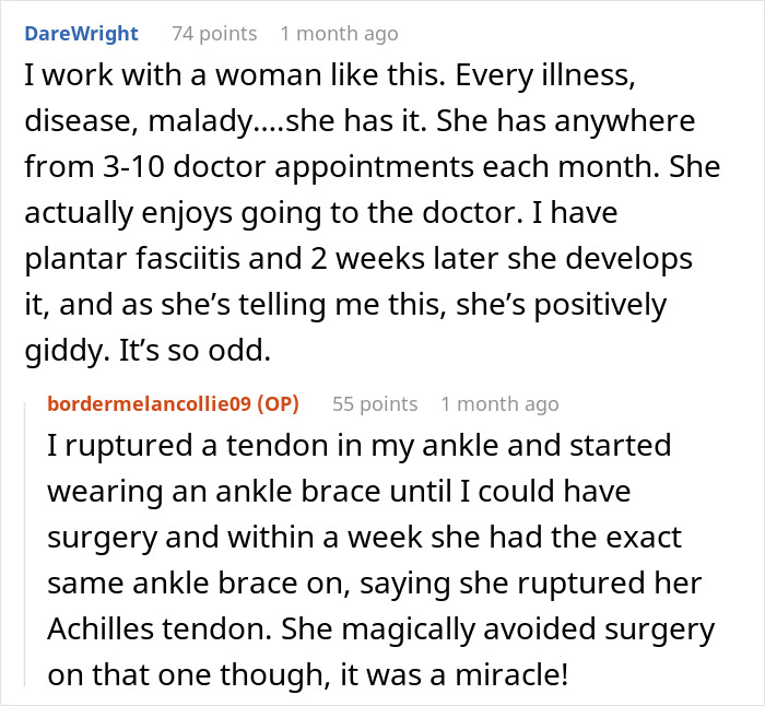 Reddit comment about woman claiming multiple diseases, colleague's frustration shared. Reddit comment about woman claiming multiple diseases, colleague's frustration shared.