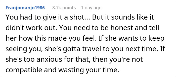 Comment advising honesty in long-distance relationship after an expensive trip ends poorly. Comment advising honesty in long-distance relationship after an expensive trip ends poorly.