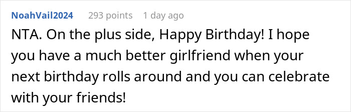 Reddit comment discussing a birthday dinner disagreement with a girlfriend. Reddit comment discussing a birthday dinner disagreement with a girlfriend.