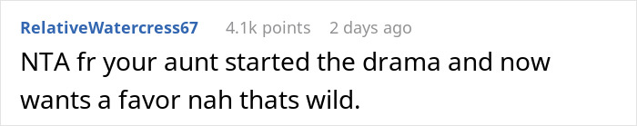 Screenshot of an online comment highlighting drama started by an aunt when niece refuses to babysit her kids. Screenshot of an online comment highlighting drama started by an aunt when niece refuses to babysit her kids.