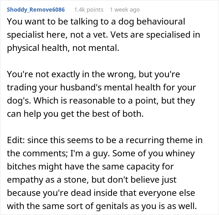 Comment discussing a couple's argument over an adopted dog's behavior, suggesting consulting a dog behavior specialist. Comment discussing a couple's argument over an adopted dog's behavior, suggesting consulting a dog behavior specialist.