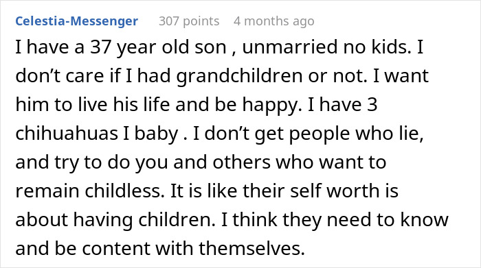 Comment discussing childlessness and personal contentment, referencing having a 37-year-old son and three chihuahuas. Comment discussing childlessness and personal contentment, referencing having a 37-year-old son and three chihuahuas.