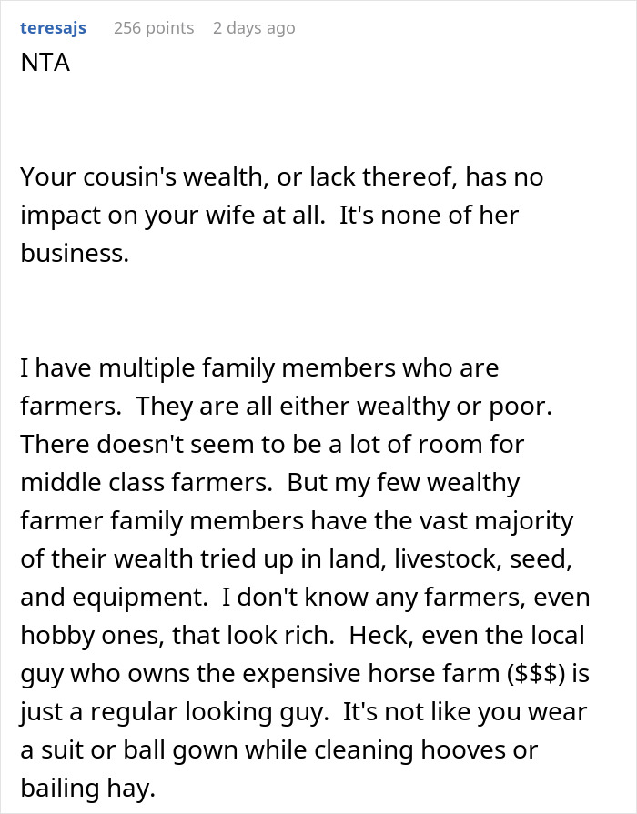 Wife upset over husband's wealthy cousin, text post discussing family wealth dynamics and farmer lifestyles. Wife upset over husband's wealthy cousin, text post discussing family wealth dynamics and farmer lifestyles.