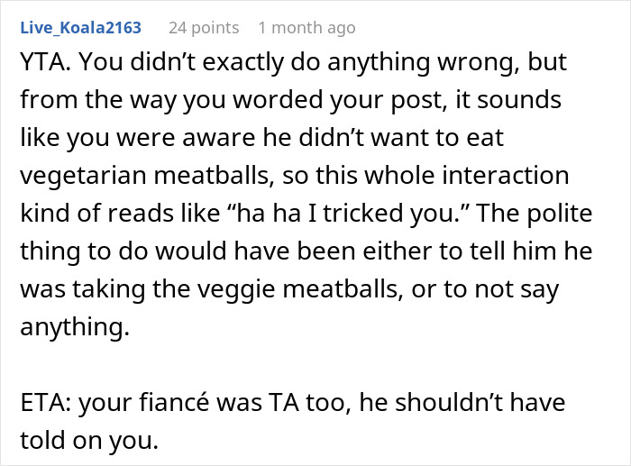 Reddit comment discussing vegetarian meatballs and relationship conflict. Reddit comment discussing vegetarian meatballs and relationship conflict.