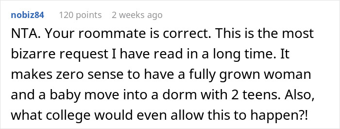 Reddit comment discussing refusal to share a college dorm room. Reddit comment discussing refusal to share a college dorm room.