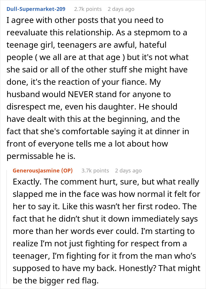 Text exchange about a fiance's reaction to his daughter's disrespectful comment and concerns of him being a gold digger. Text exchange about a fiance's reaction to his daughter's disrespectful comment and concerns of him being a gold digger.