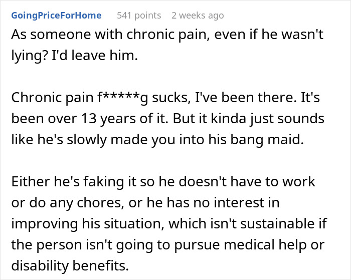 Reddit comment discussing chronic pain and its impact on relationships and chores. Reddit comment discussing chronic pain and its impact on relationships and chores.