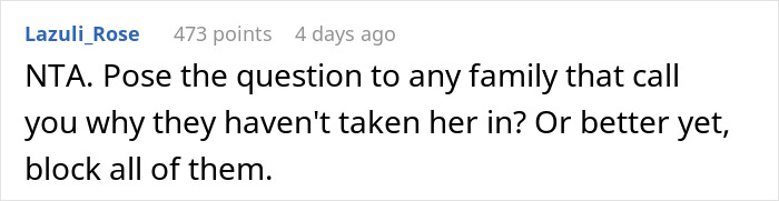 Reddit comment on family issues; daughter advised to question or block unsupportive family. Reddit comment on family issues; daughter advised to question or block unsupportive family.