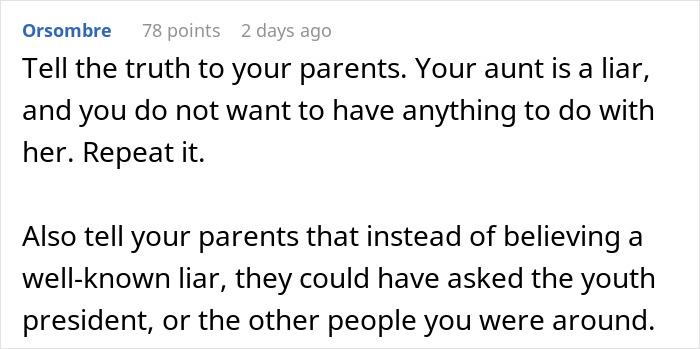 Comment advising to be honest with parents about aunt causing drama and refusing to babysit, highlighting family conflict keywords. Comment advising to be honest with parents about aunt causing drama and refusing to babysit, highlighting family conflict keywords.