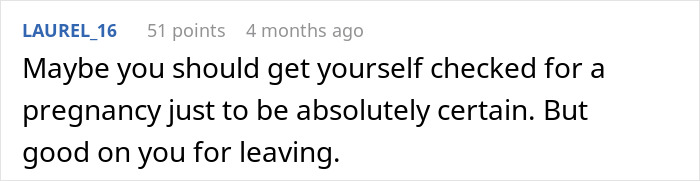 Comment discussing pregnancy and leaving, related to MIL and birth control jokes. Comment discussing pregnancy and leaving, related to MIL and birth control jokes.