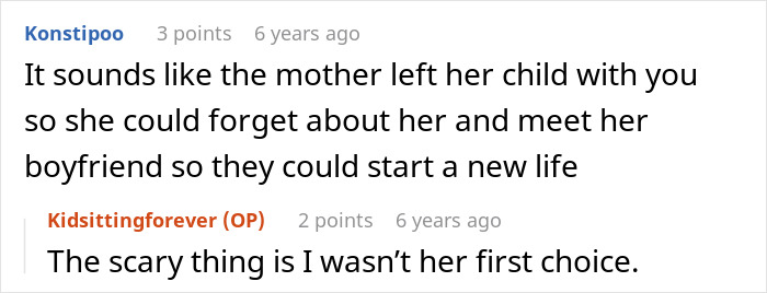 Text exchange discussing a mother leaving her daughter with a friend for babysitting, then disappearing for months. Text exchange discussing a mother leaving her daughter with a friend for babysitting, then disappearing for months.