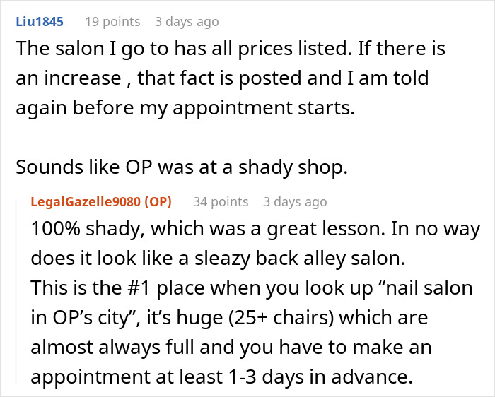 Discussion about nail salon prices and experiences, highlighting concerns over transparency and booking practices. Discussion about nail salon prices and experiences, highlighting concerns over transparency and booking practices.