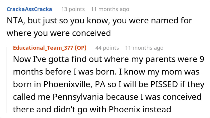 Comments discussing name change secrets and conception locations. Comments discussing name change secrets and conception locations.
