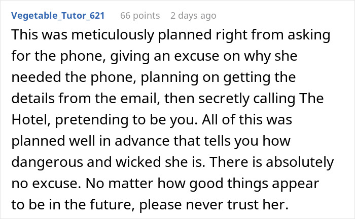 Text detailing an elaborate plan to cancel a honeymoon, highlighting deceit and lack of trust. Text detailing an elaborate plan to cancel a honeymoon, highlighting deceit and lack of trust.