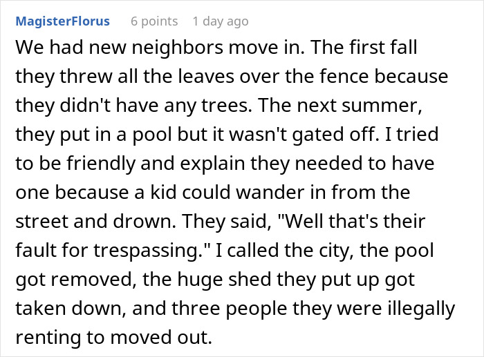 Text exchange about neighbor conflict over an illegal shed and swimming pool removal. Text exchange about neighbor conflict over an illegal shed and swimming pool removal.